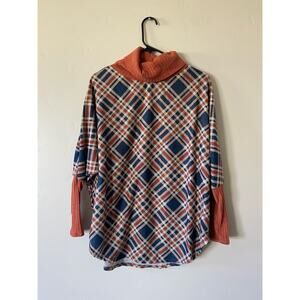 Reb in J Preppy Burnt Orange and Blue Plaid Sweater Turtleneck Top Sz M Teacher